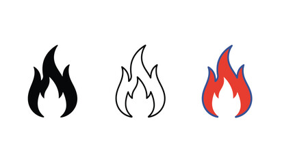 Three stylized flame icons representing fire in black silhouette outline and red color variations isolated on white background