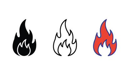 Three stylized flame icons representing fire in black silhouette outline and red color variations isolated on white background