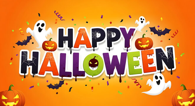 A festive happy halloween graphic with pumpkins, ghosts, bats and confetti on an orange background
