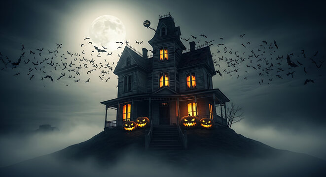 A spooky haunted house with bats flying under a full moon on a foggy halloween night scene