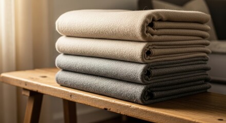 Stack of folded wool blankets in neutral tones on a wooden bench neutral colors