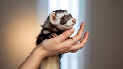 A charming ferret rests gently in the palm of a hand, offering a glimpse into a world of delightful companionship. The close-up shot captures the soft fur and alert expression of the creature