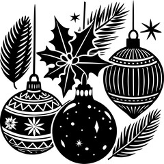 Christmas ornaments holly leaves pine branches stars festive holiday season decoration vector clip art design vector illustration