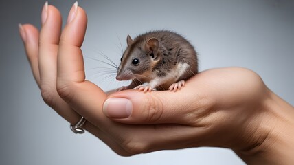 A tiny adorable mouse resting gently on a human hand, symbolizing care and connection. The small rodent looks curiously around