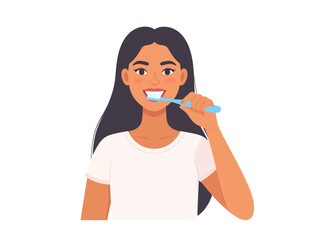 Young Woman Brushing Teeth with Blue Toothbrush