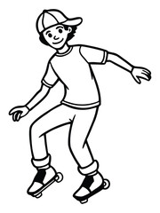 Dynamic black and white line art depicting a cheerful young person skillfully balancing while engaging in an exhilarating skating activity, showcasing joy and youthful adventure.