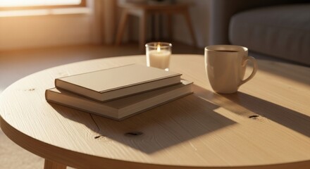 Stacked books and coffee mug on wooden table with candle and sunlight image