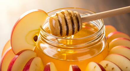 A close up of a honey jar with a dipper surrounded by sliced apples on a wooden surface top view