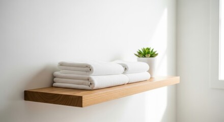 Stacked white folded towels on a wooden shelf with a small green plant white towels stack of towels