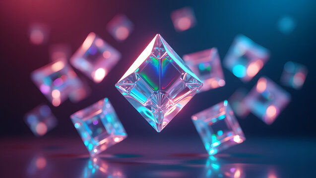 Floating holographic prisms in neon color palette.
