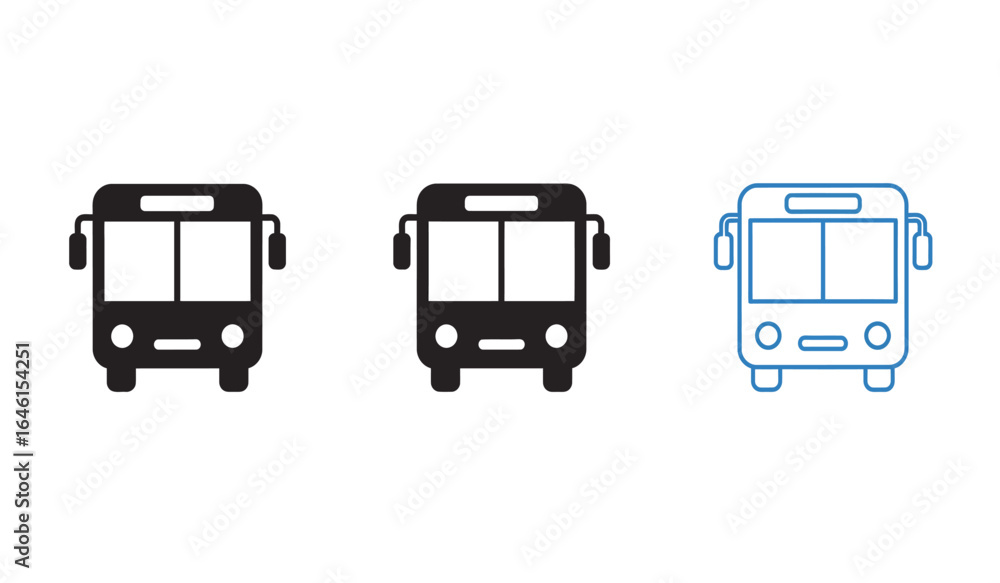 Poster three stylized front view icons of a bus in black solid fill outline and blue line art on a white ba