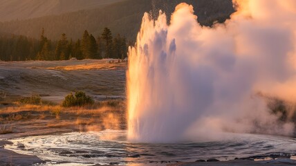 Fototapeta premium A natural geyser erupting in the warm light of dawn, creating a stunning display of nature's power