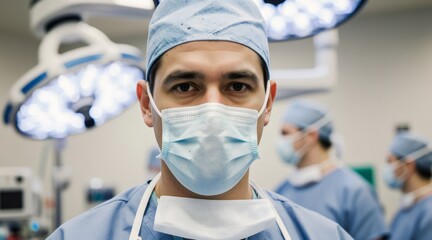 Surgeon wearing surgical mask standing in operating room with surgical lights and team