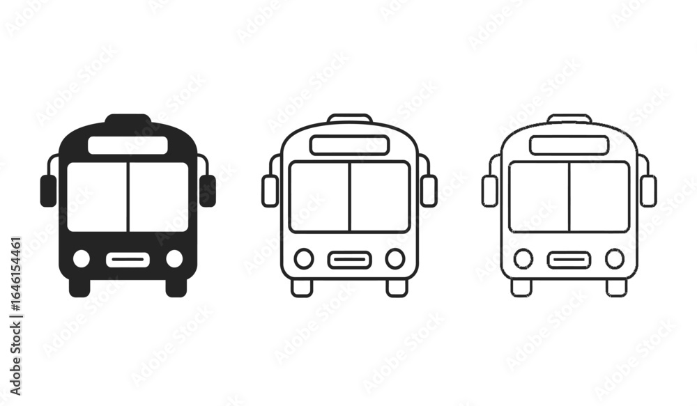 Aufkleber three stylized front view icons of a bus in black solid fill outline and blue line art on a white ba