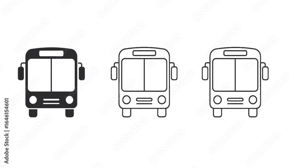 Poster three stylized front view icons of a bus in black solid fill outline and blue line art on a white ba