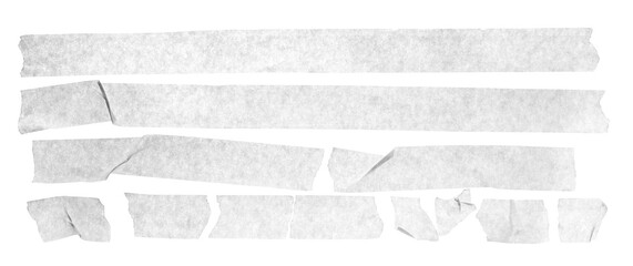 Set paper adhesive tape, pieces flying isolated on white, clipping path	