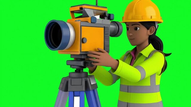 A construction worker in a hard hat uses surveying equipment on a tripod against a bright green background in a studio.