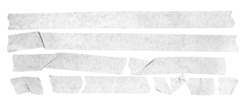 Set paper adhesive tape, pieces flying isolated on white, clipping path	