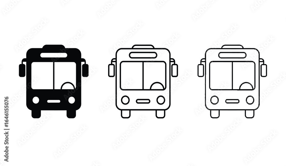 Poster three stylized front view icons of a bus in black solid fill outline and blue line art on a white ba