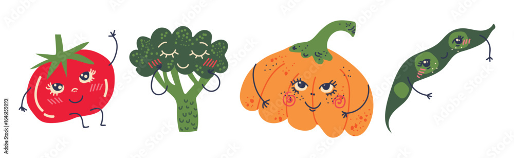 Poster different cute vegetable character with smiling face vector set