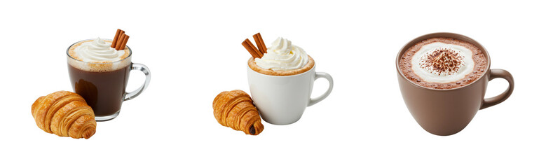 Savoring coffee and croissants at a cozy a culinary delight in a warm environment for food lovers. Set cut out PNG