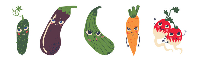 Different Cute Vegetable Character with Smiling Face Vector Set