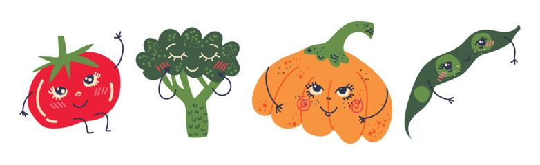 Fototapeta premium Different Cute Vegetable Character with Smiling Face Vector Set
