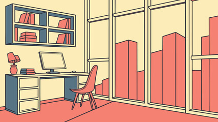 Fototapeta premium Illustration of office interior with desk computer bookshelf window chair lamp and cityscape view graphic design vector illustration