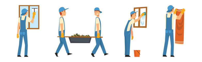 Young Man in Blue Overalls Cleaning and Washing Vector Set