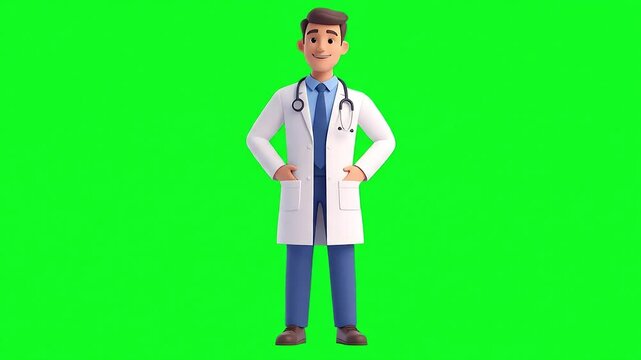 A friendly cartoon doctor in a white coat stands confidently against a vibrant green screen background, ready to provide medical assistance.