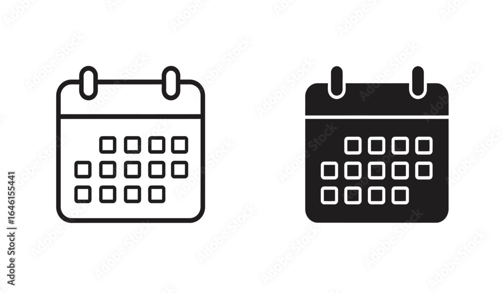 Poster two simple calendar icons one outlined and one solid black representing days and dates isolated on w