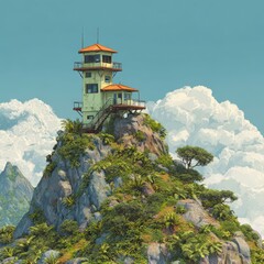 A scenic lookout tower perched on a rocky hill, surrounded by lush greenery and dramatic clouds, Ideal for travel articles, nature documentaries, or promoting outdoor adventures,