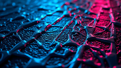 Holographic mesh grid with neon highlights, cyberpunk aesthetic.
