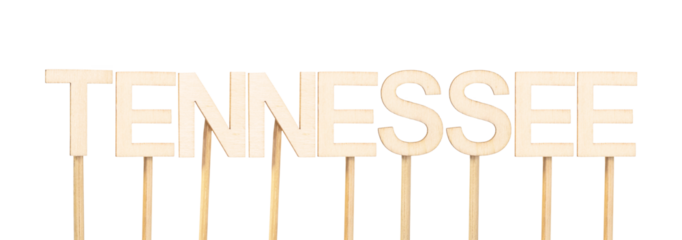Tennessee sign written with handcrafted wooden pieces on a white base, neutral and clear style for interactive maps, educational activities, or regional branding focused on southern US states