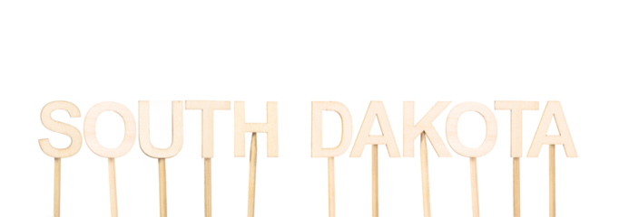 South Dakota name formed with wooden letters held on sticks, clean white background ideal for educational resources, US state-themed decoration, or school projects on state geography
