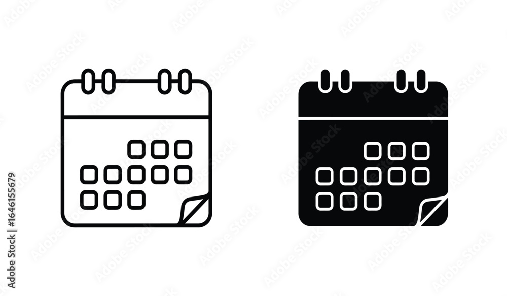 Poster two simple calendar icons one outlined and one solid black representing days and dates isolated on w