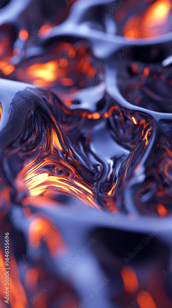 Poster abstract fluid shapes with glowing orange and vibrant indigo reflect light. dynamic texture creates 