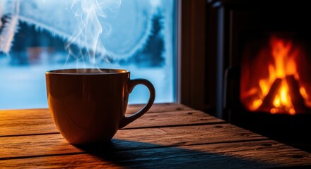 Steaming mug of hot beverage on wooden table with frosty window and fireplace in background coffee hot drink
