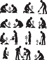 Silhouette set of people planting trees, gardening, and caring for plants in various poses