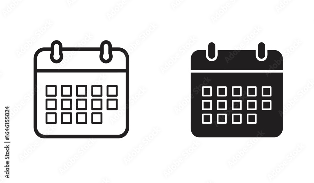 Poster two simple calendar icons one outlined and one solid black representing days and dates isolated on w