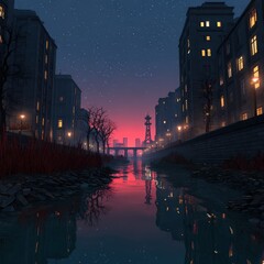 A serene twilight scene featuring a canal reflecting illuminated buildings and a glowing sky, ideal for urban-themed projects, travel illustrations, or relaxation imagery,