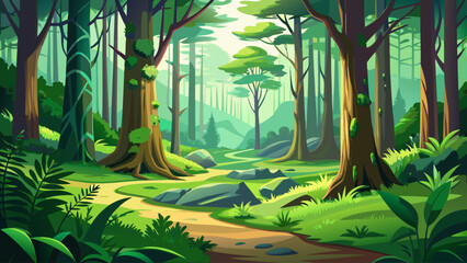 Obraz premium Golden sunlight filters through the towering canopy, painting shifting patterns on the mossy floor, where silence speaks softly, and the landscape breathes in harmony with nature’s serene rhythm.