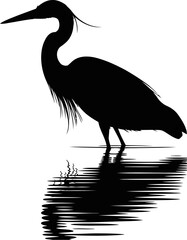Silhouette heron bird wildlife nature water reflection black and white avian animal illustration vector graphic vector illustration