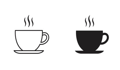 Obraz premium Two simple line art and silhouette icons of a steaming coffee cup and saucer isolated on white background