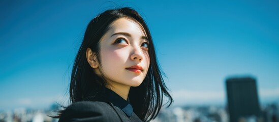 A confident young woman gazes skyward, set against a clear blue sky, This image can be used in business, motivation, or empowerment themes, ideal for marketing materials and articles,