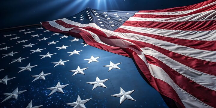 Patriotic american flag ripples with stars and stripes illuminated by dramatic spotlight against a dark blue background - Powered by Adobe
