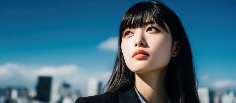 A young woman gazes thoughtfully into the distance against a bright blue sky, embodying ambition and hope, This image can be used for business, mentorship, and empowerment themes, - Powered by Adobe