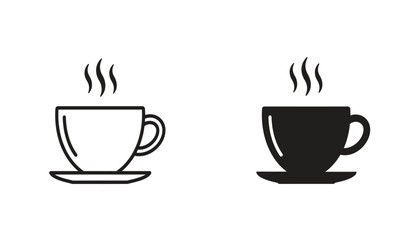 Two simple line art and silhouette icons of a steaming coffee cup and saucer isolated on white background