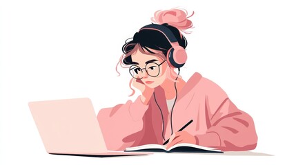 A young woman is focused on her studies at a laptop, wearing headphones and taking notes in a notebook, representing a modern learning environment suitable for educational or online study themes,