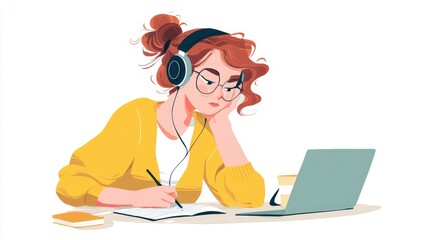 A young woman with curly hair listens to music through headphones while studying at her laptop, jotting notes in a notebook, This image is suitable for educational or remote work themes,